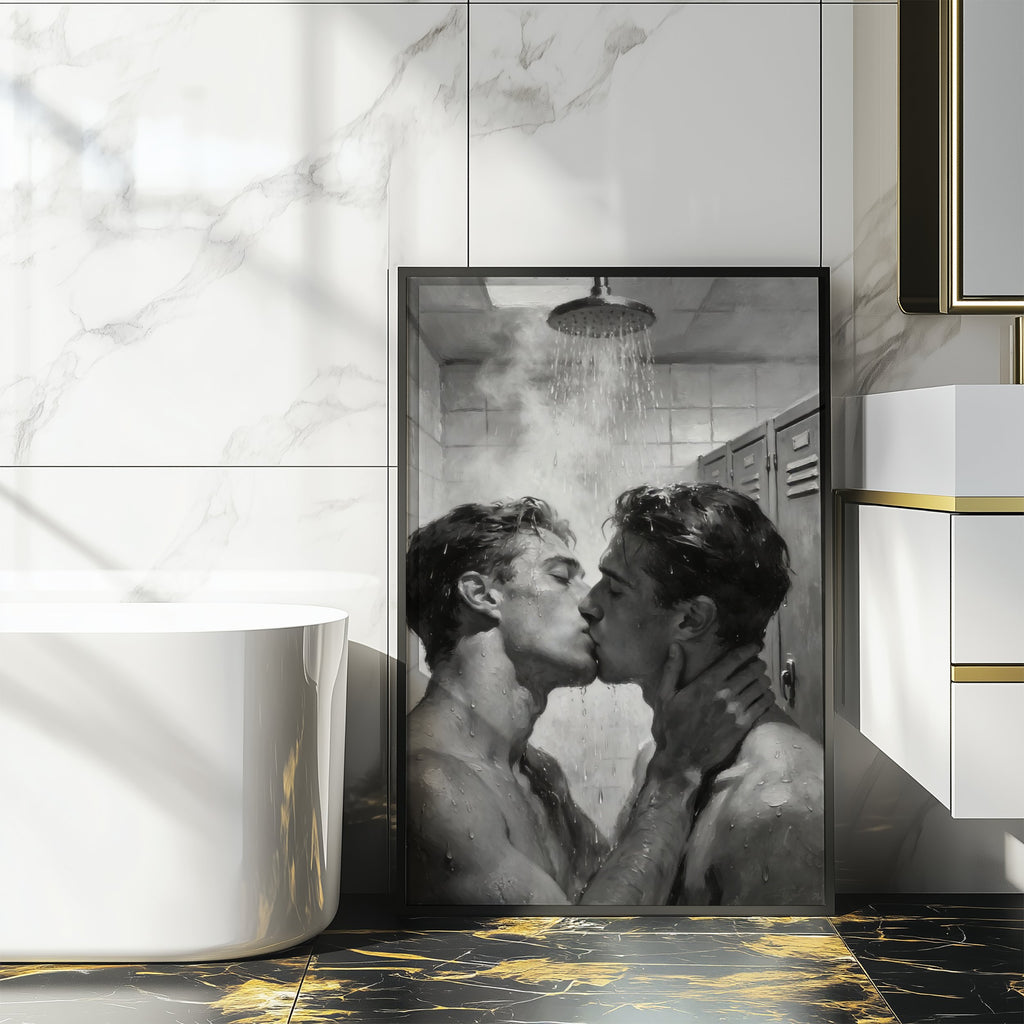 Shower Kiss, Queer Couple Art Print wall art print from JMH Prints