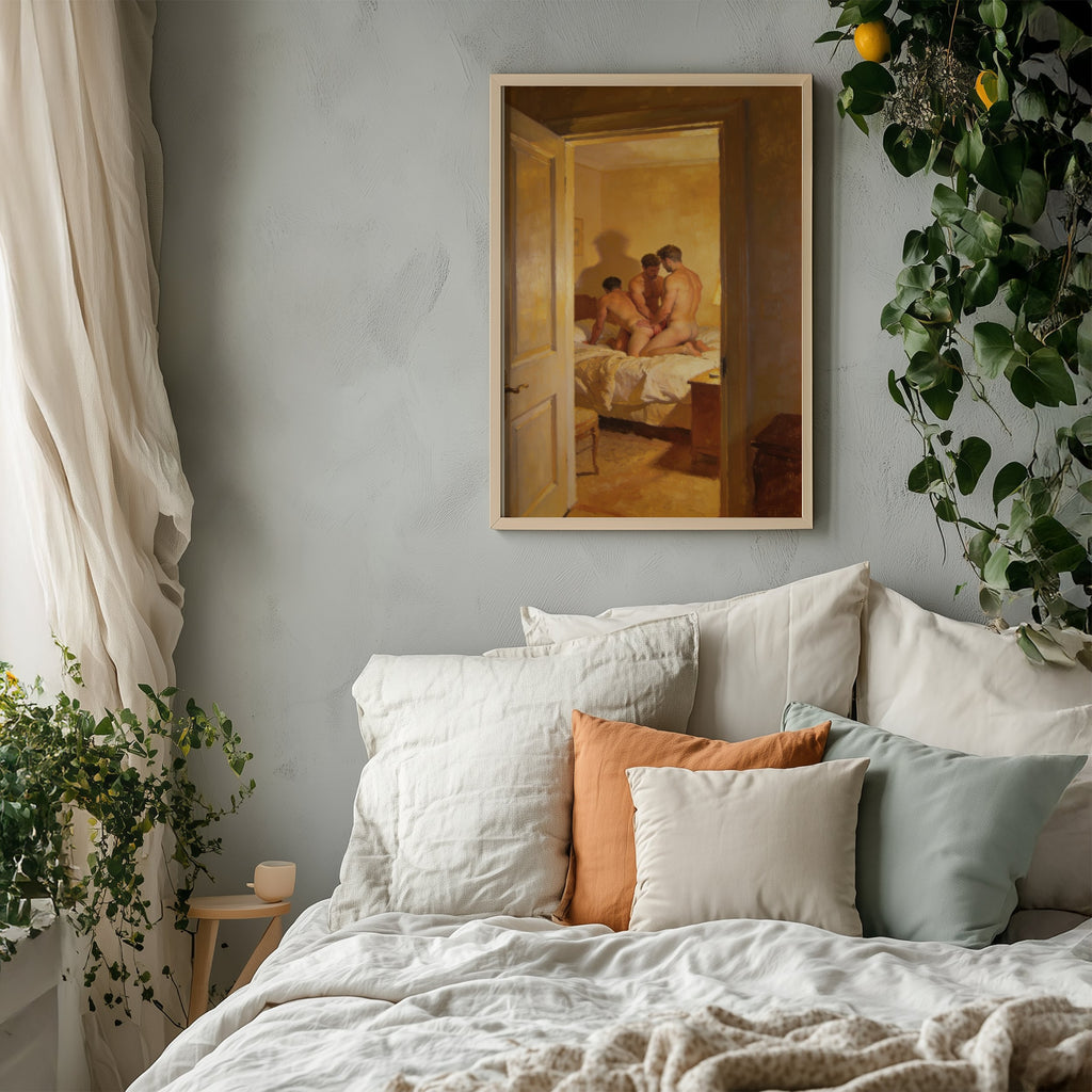 Threesome Bedroom — 18+ Gay Art Print