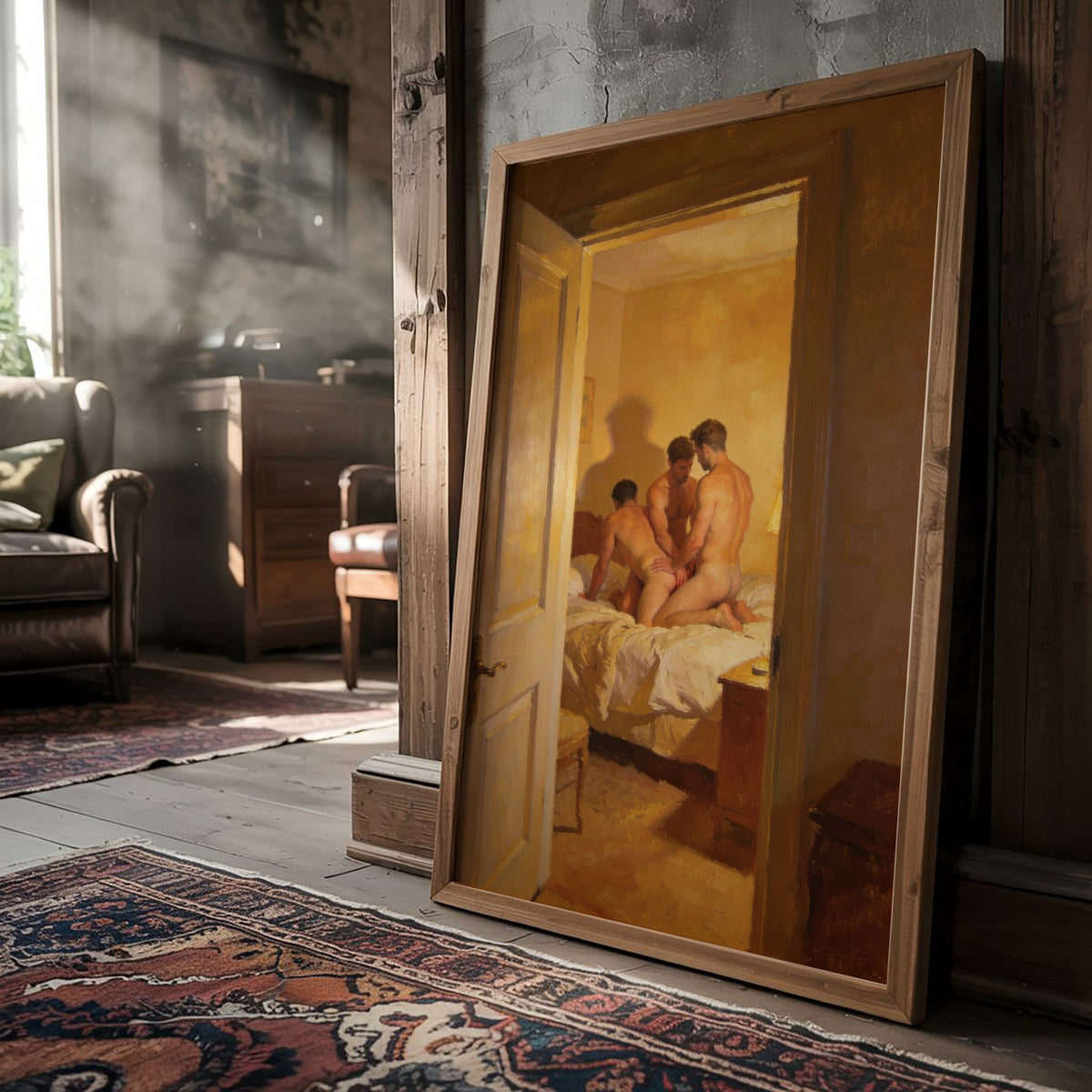 Threesome Bedroom — 18+ Gay Art Print