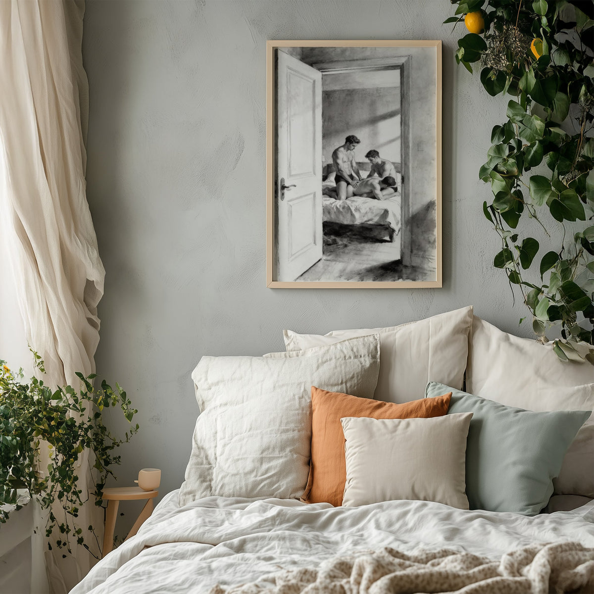 Bedroom Threesome — 18+ Black & White Art