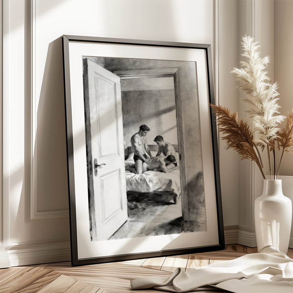 Bedroom Threesome — 18+ Black & White Art