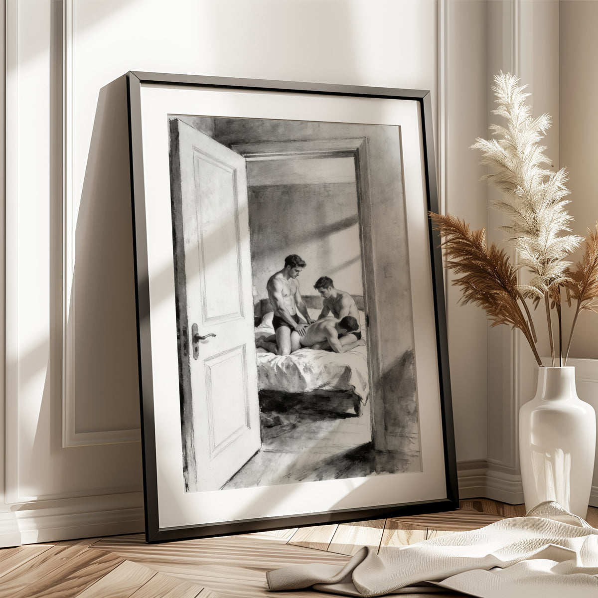 Bedroom Threesome — 18+ Black & White Art