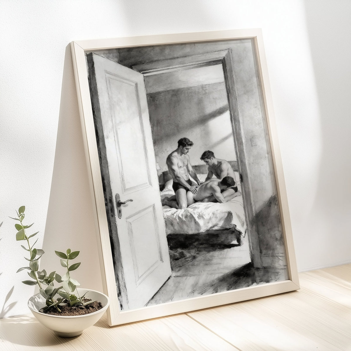 Bedroom Threesome — 18+ Black & White Art