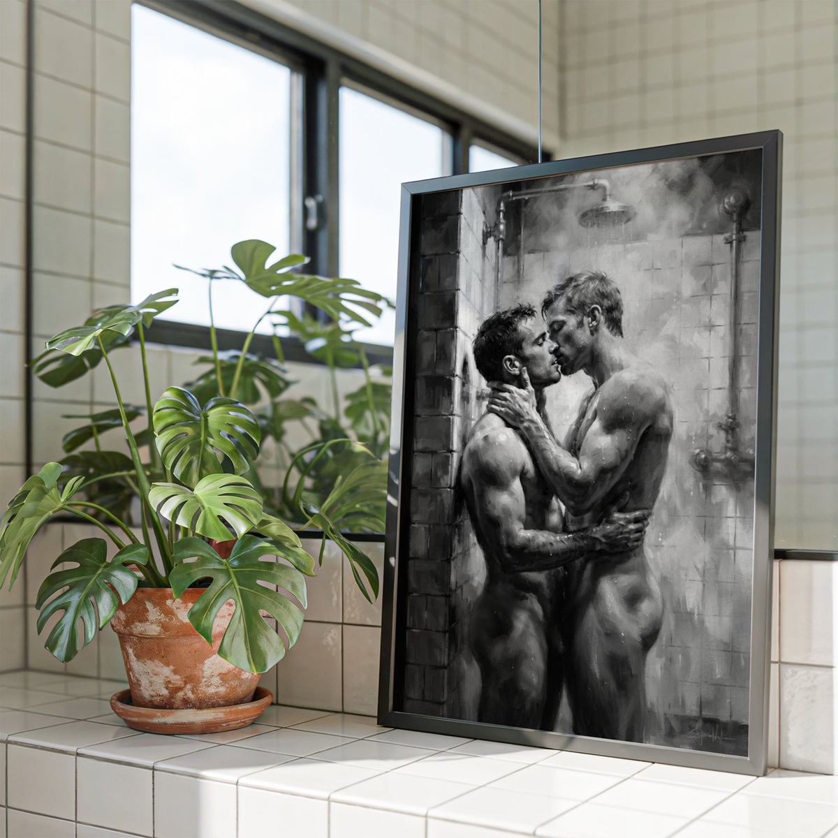 Shower Kiss, Queer Couple Art Print wall art print from JMH Prints