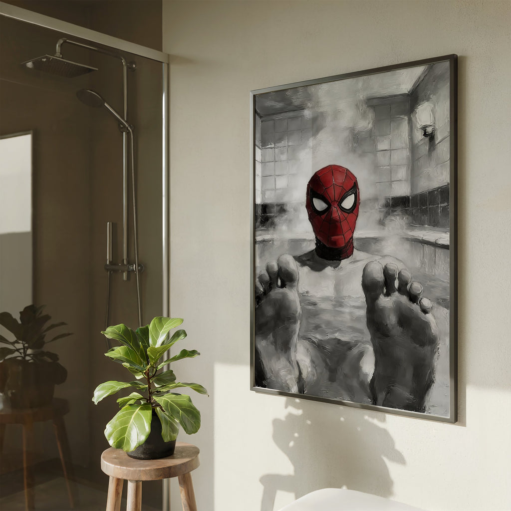 Spider-Man Sauna Scene B&W, JMH Prints wall art print from JMH Prints