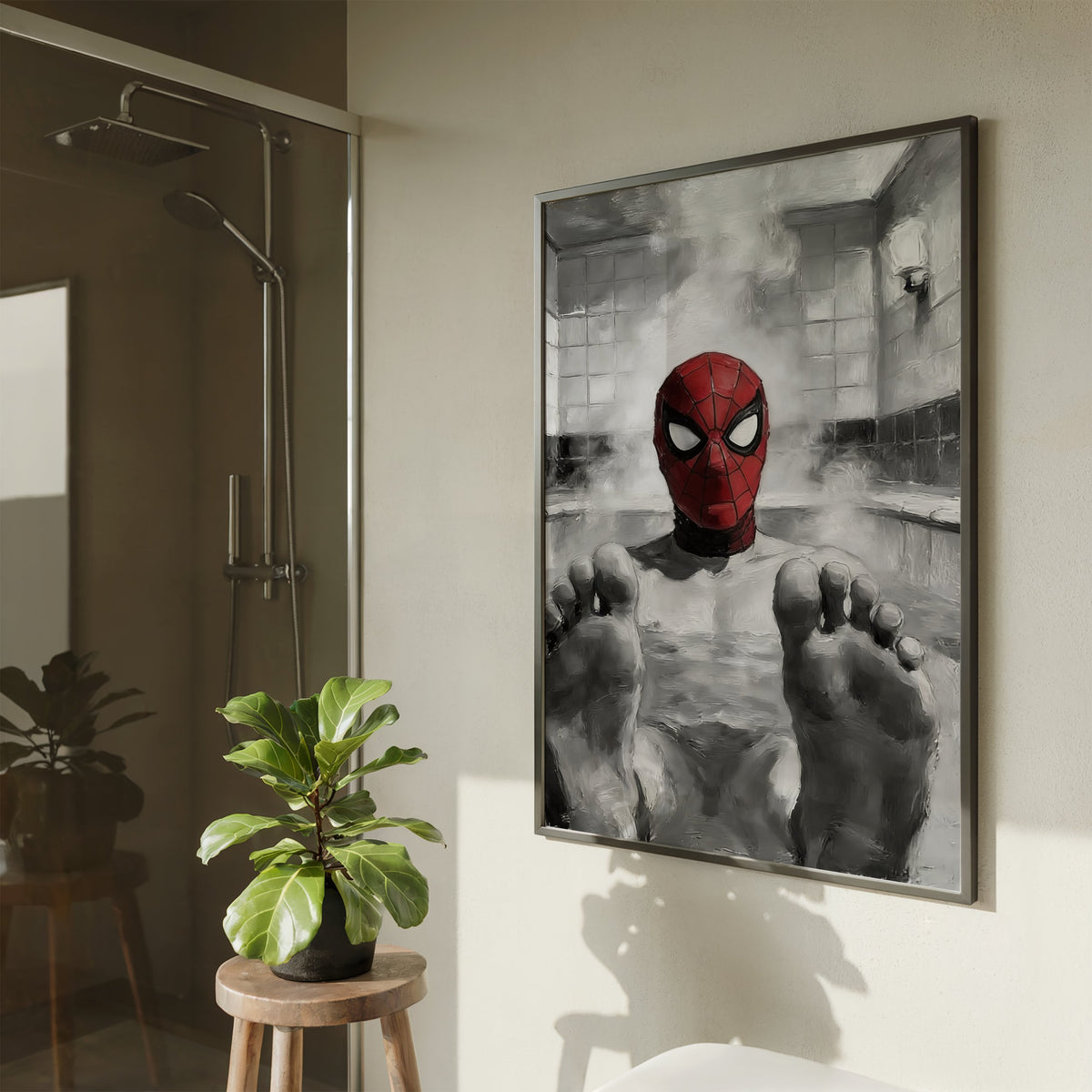 Spider-Man Sauna Scene B&W, JMH Prints wall art print from JMH Prints