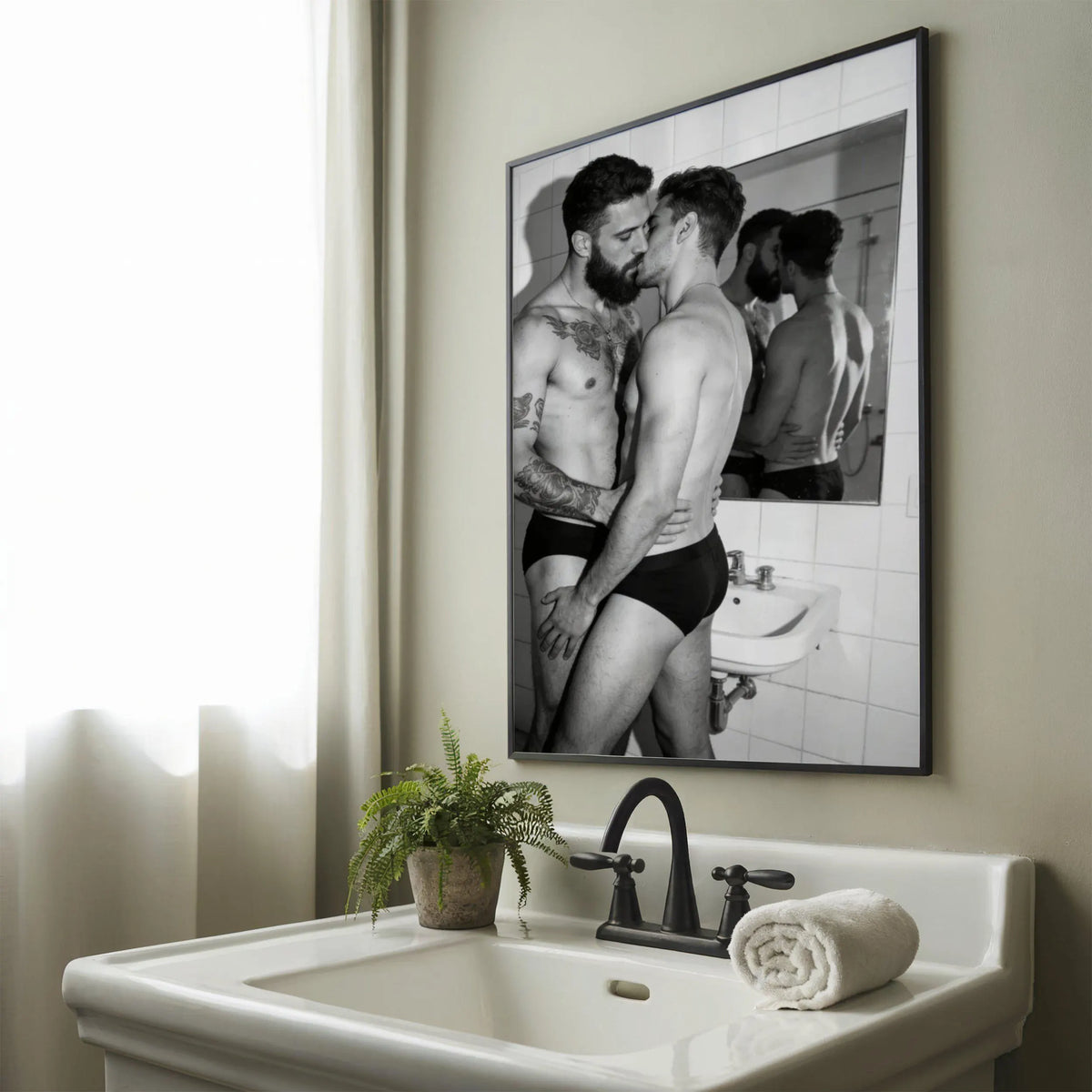 The Bathroom Kiss, Queer Couple Art Print wall art print from JMH Prints