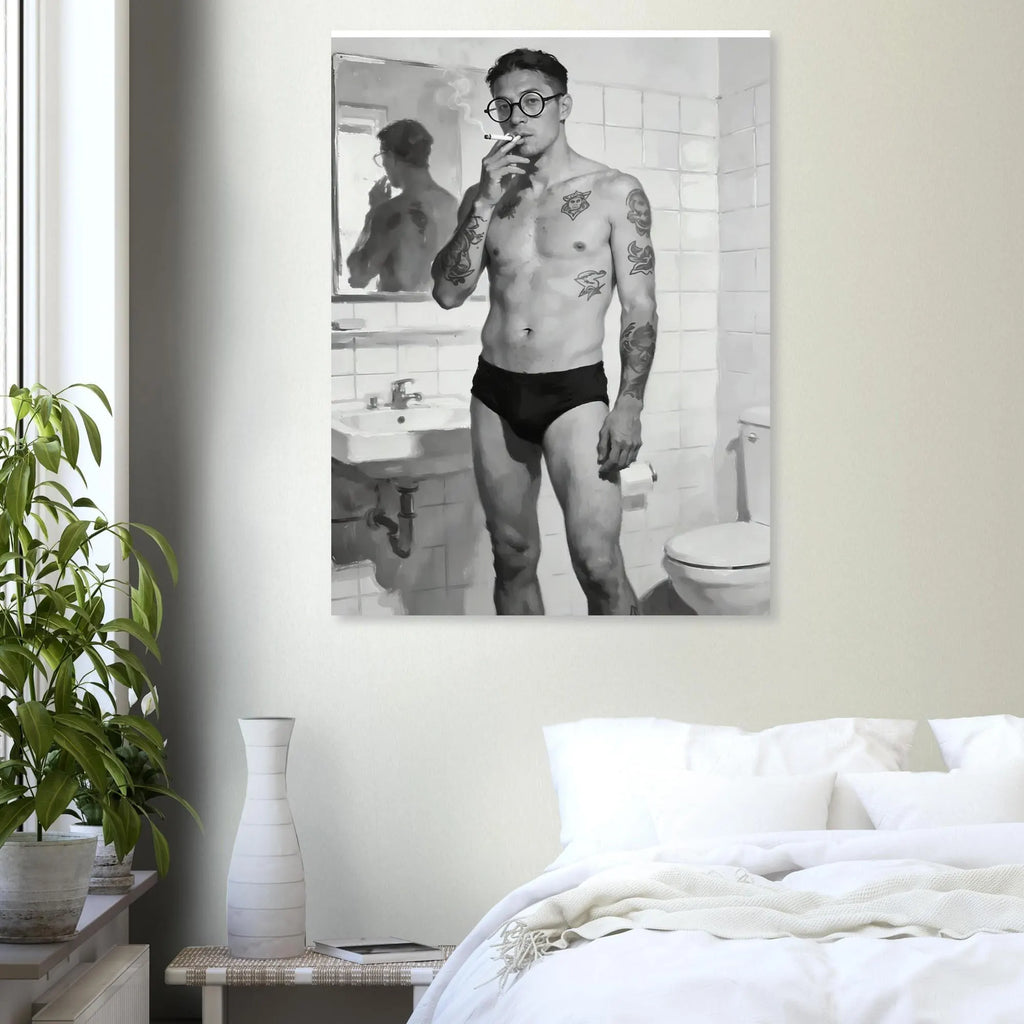 Man Smoking in the Bathroom, Queer Art Print wall art print from JMH Prints