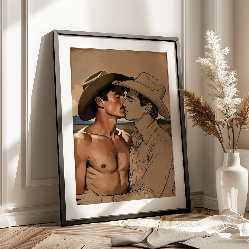 Cowboy Kiss, Queer Western Art Print wall art print from JMH Prints