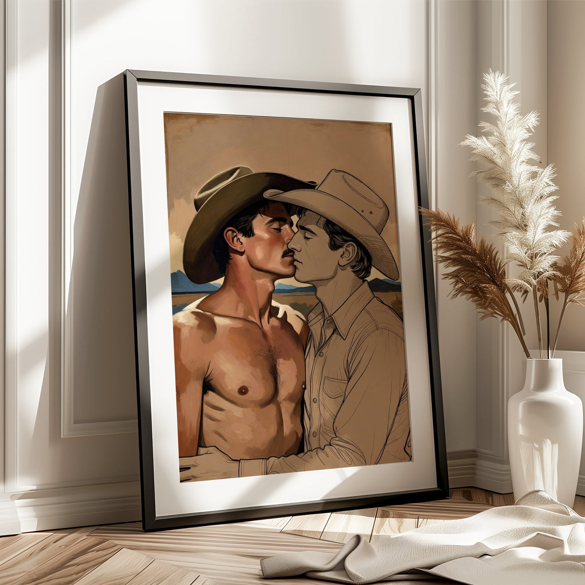 Cowboy Kiss, Queer Western Art Print wall art print from JMH Prints