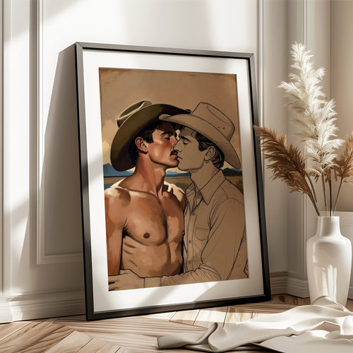 Cowboy Kiss, Queer Western Art Print wall art print from JMH Prints